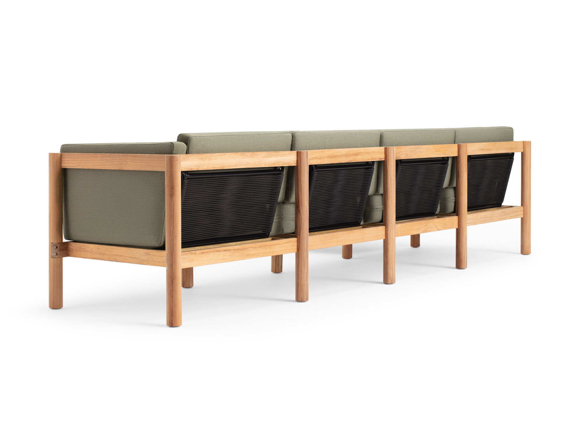 Back angle view of 5-piece outdoor sectional with green arm cushions